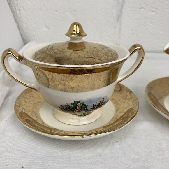 6 PCs Vintage King Quality Fine Colonial Couple Gold 22k US 1960 Sugar & Creamer - Picture 2 of 16